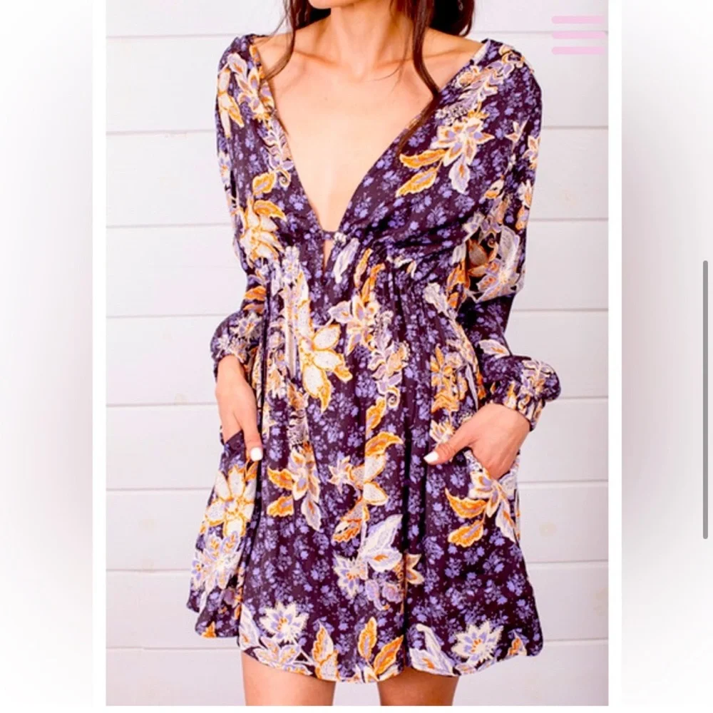 Free People Boho Purple Low Back Mini Dress Flowy Detailed NWT Size XS